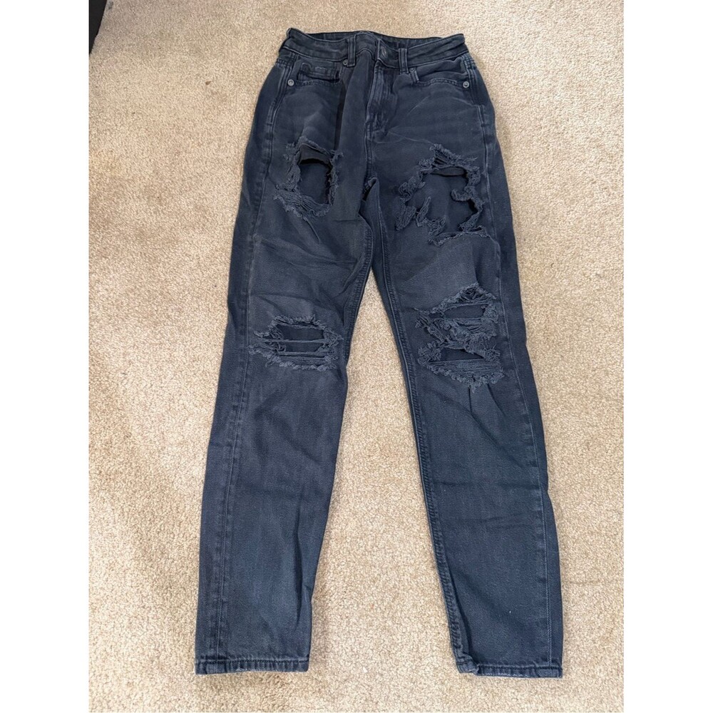 American Eagle Outfitters Black Distressed Mom Straight Jeans